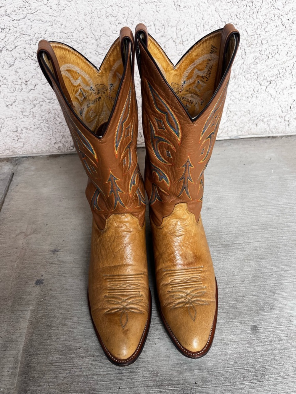Justin Cowboy Boots Tan Smooth Ostrich Skin with Embroidered Shaft